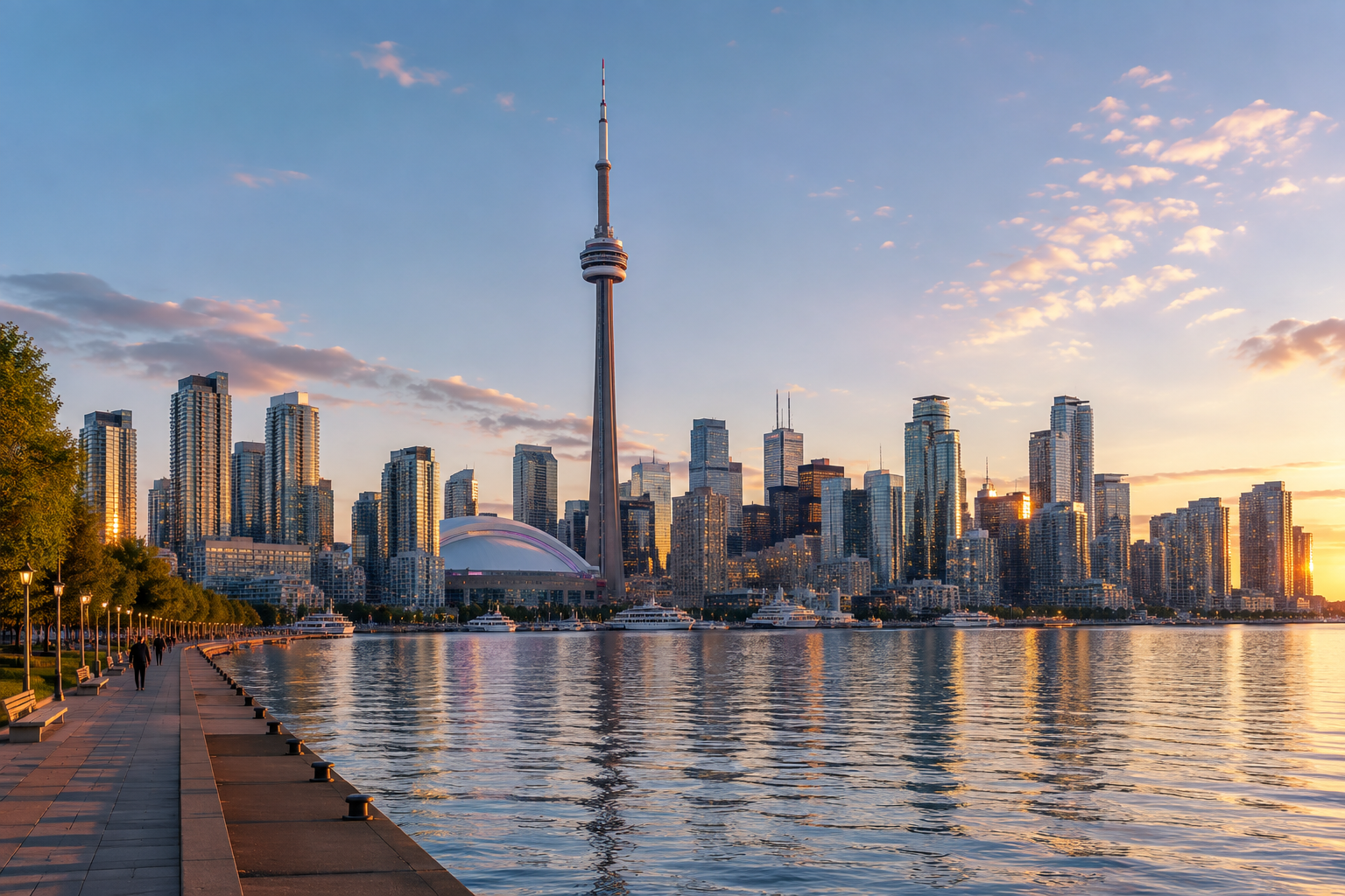 Toronto waterfront skyline at sunset, an original editorial image created for Global Expat Times