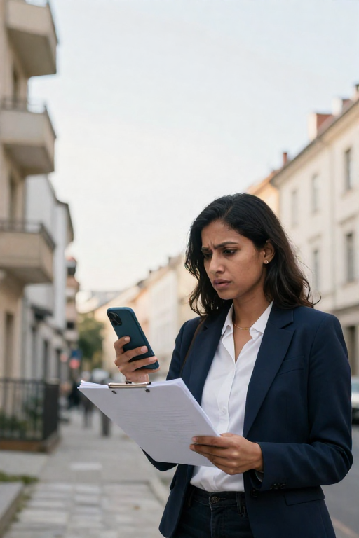 A foreign resident reviewing rental documents and messages while searching for housing in Prague